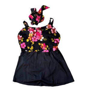 VTG Amoena Swimdress Sz 18 Swimsuit Floral Black One Piece Cup Insert Wa…